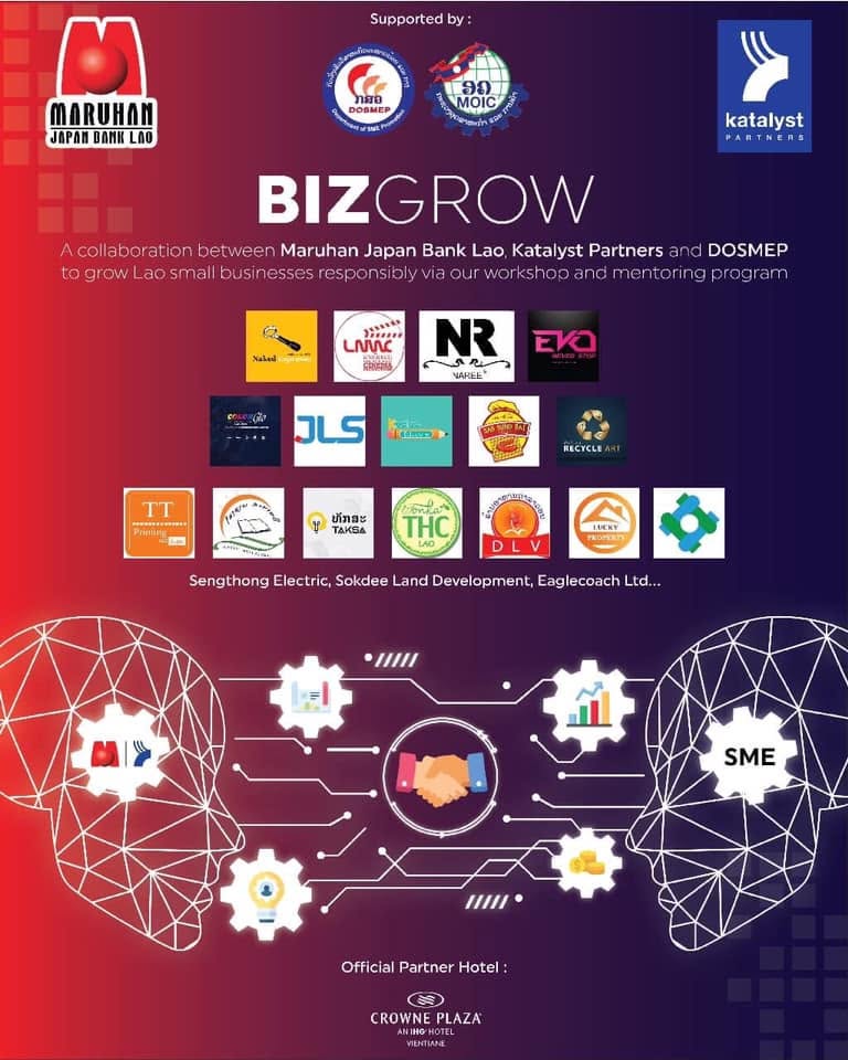 BizGrow collaboration poster showing participating Lao businesses and program partners