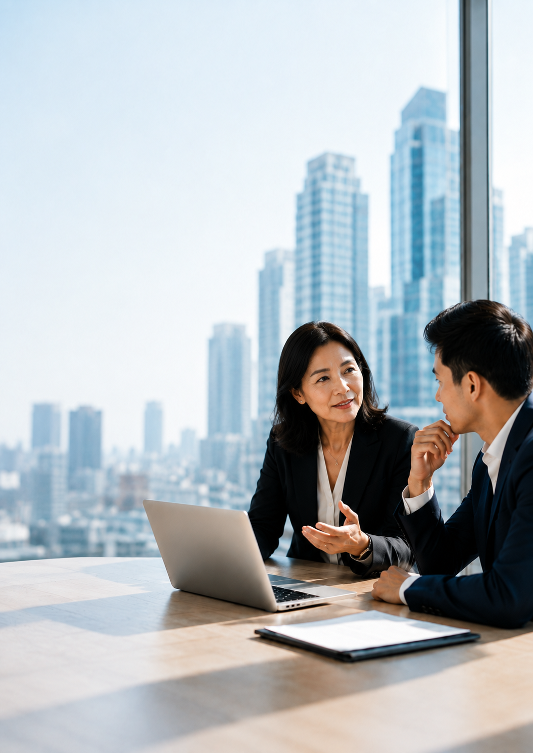 Lawyers discussing work beside a city window