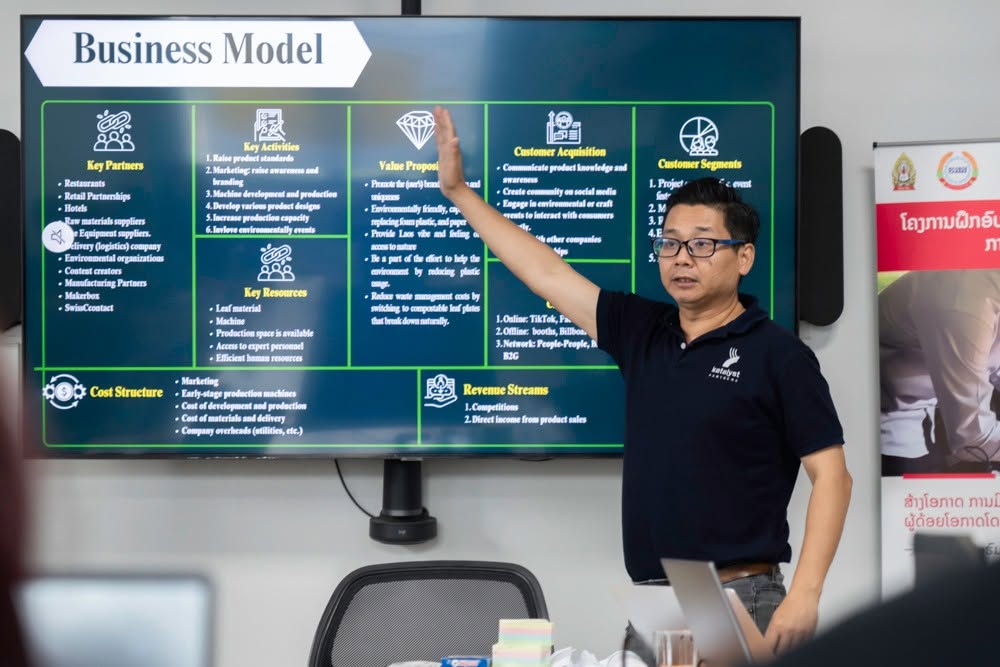 Katalyst facilitator explaining a Business Model Canvas during an environmental enterprise workshop