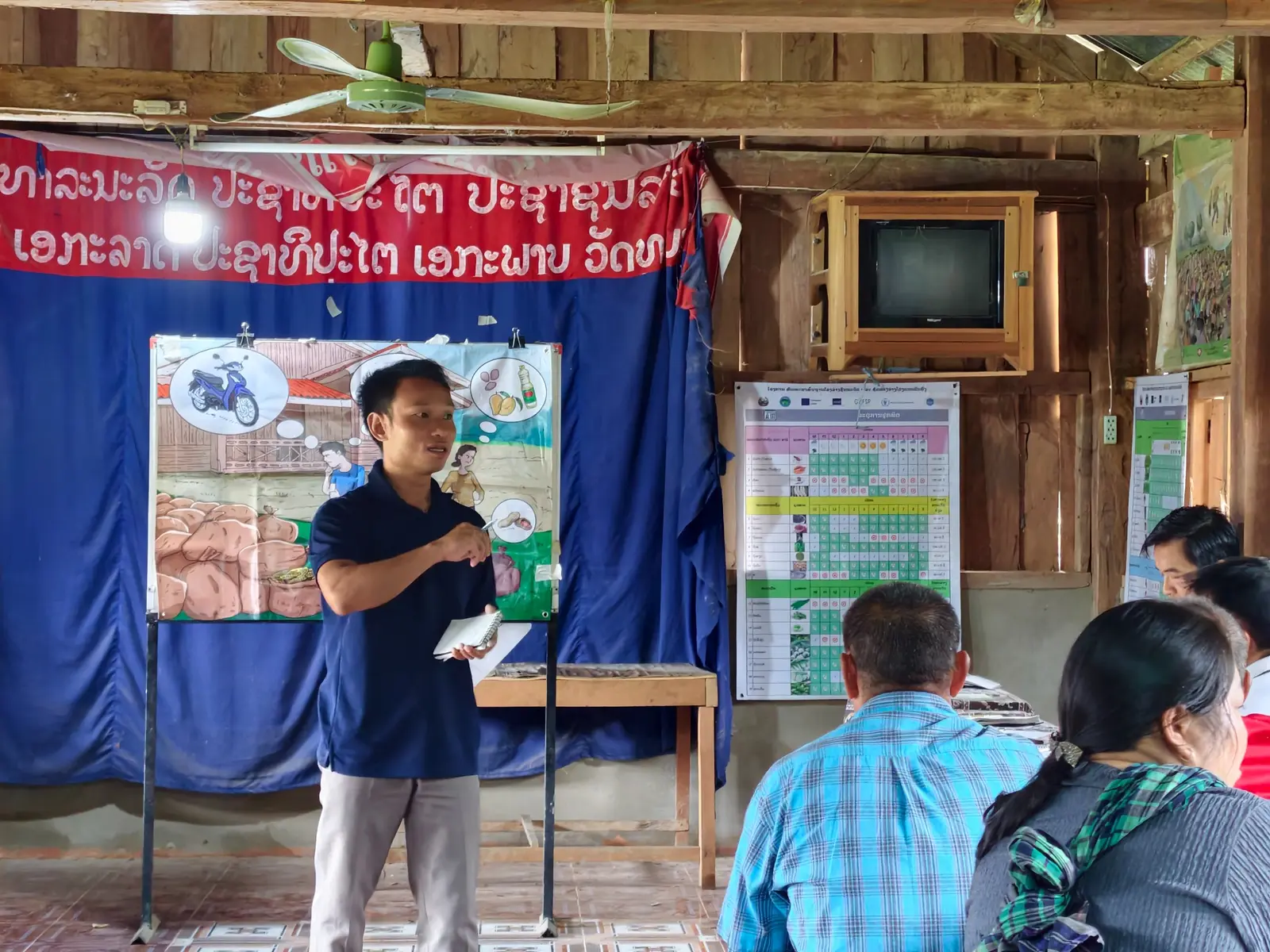 A District Nutrition Team member facilitating a community training session in Houaphanh